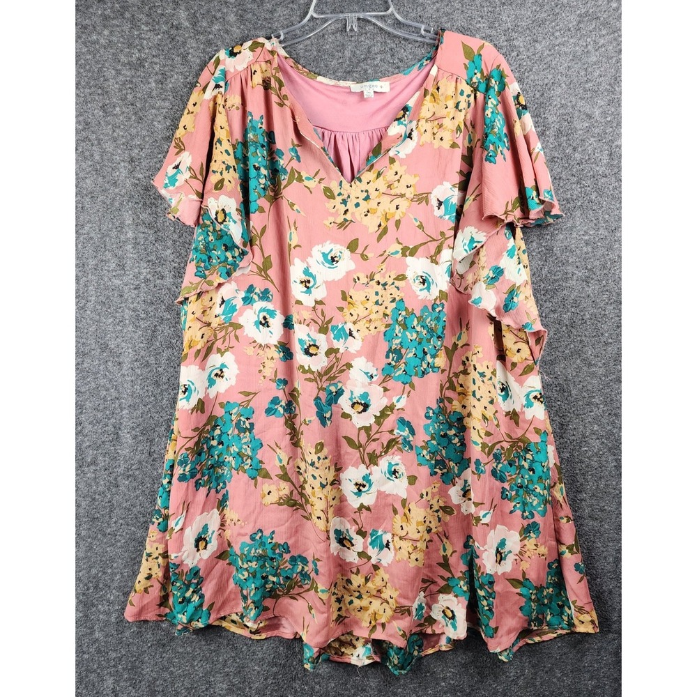 Umgee Tunic Women 1XL Pink Floral Ruffle Flutter Sleeve V-Neck Boho EUC